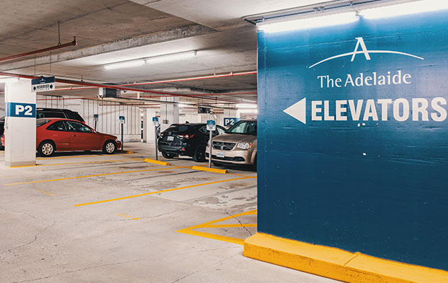 Photo of the underground parking garage at The Adelaide
